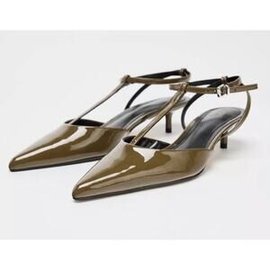 Zara Patent Slingback Kitten Heels Olive Green Pointed Toe Pumps Size 7.5
